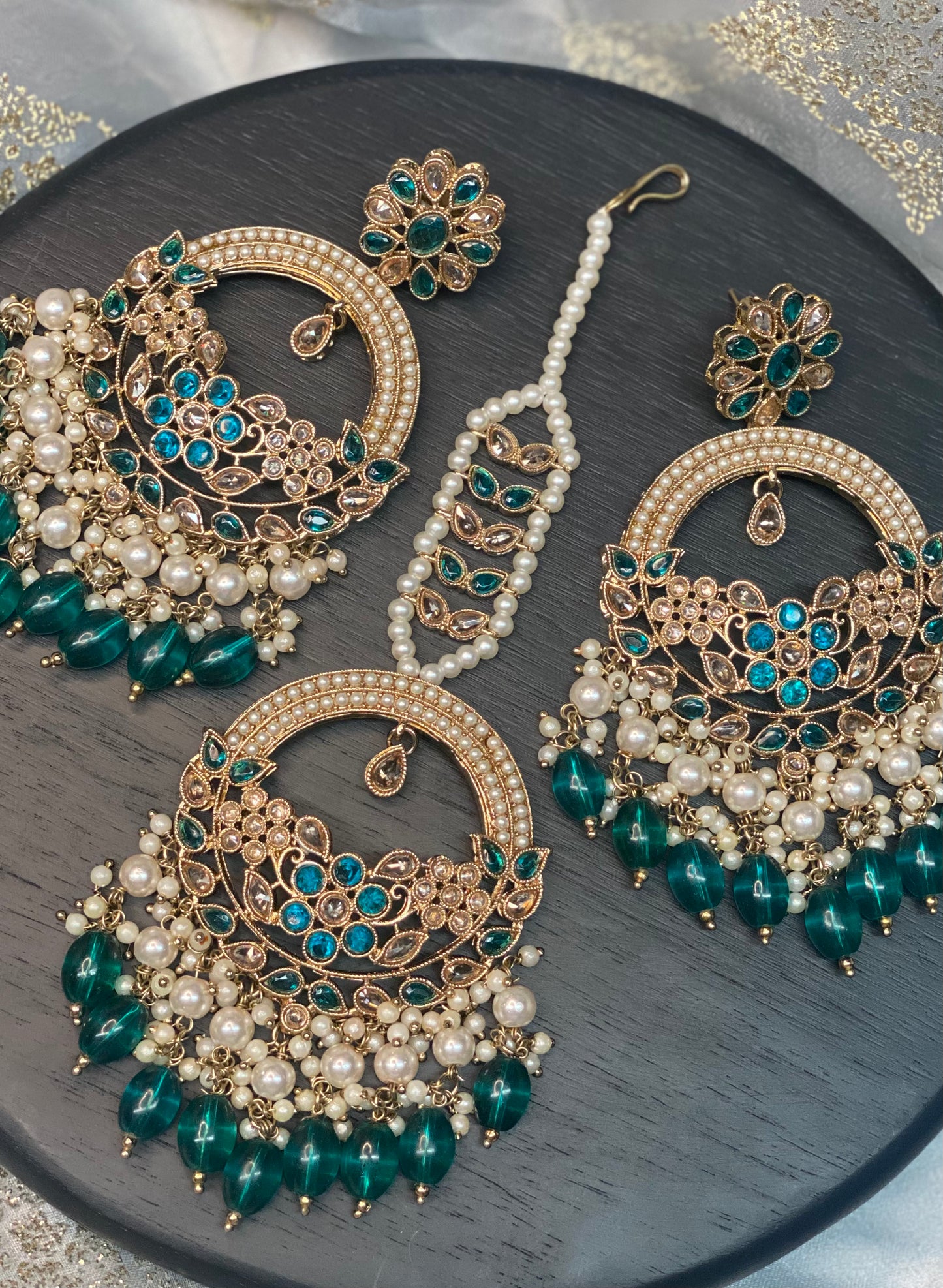 ASHIRA Polki Jhumka Earrings and Tikka Set - Peacock Green