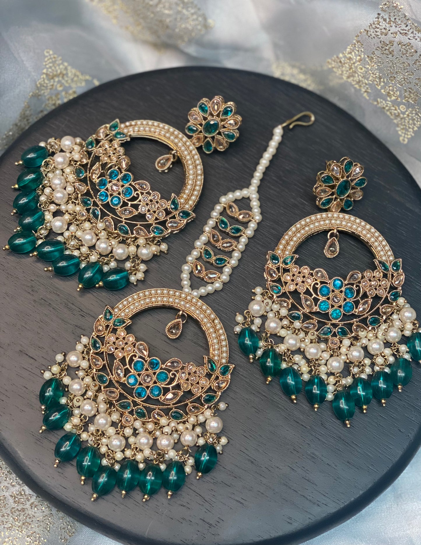 ASHIRA Polki Jhumka Earrings and Tikka Set - Peacock Green