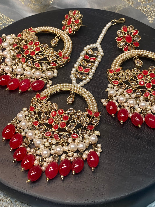 ASHIRA Polki Jhumka Earrings and Tikka Set - Forest Red