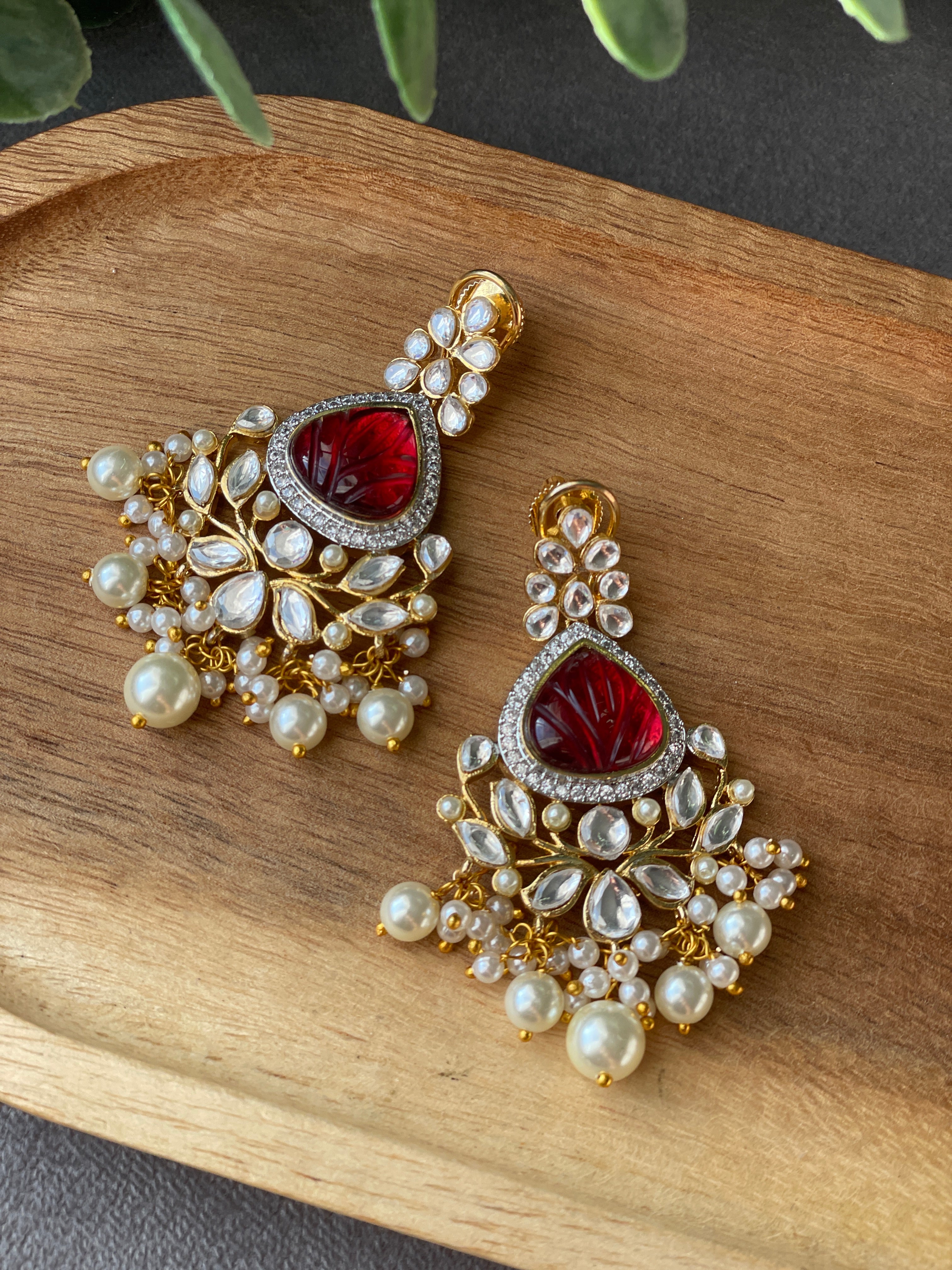 Kundan Designer Golden Red Pearl Earring with mint cream