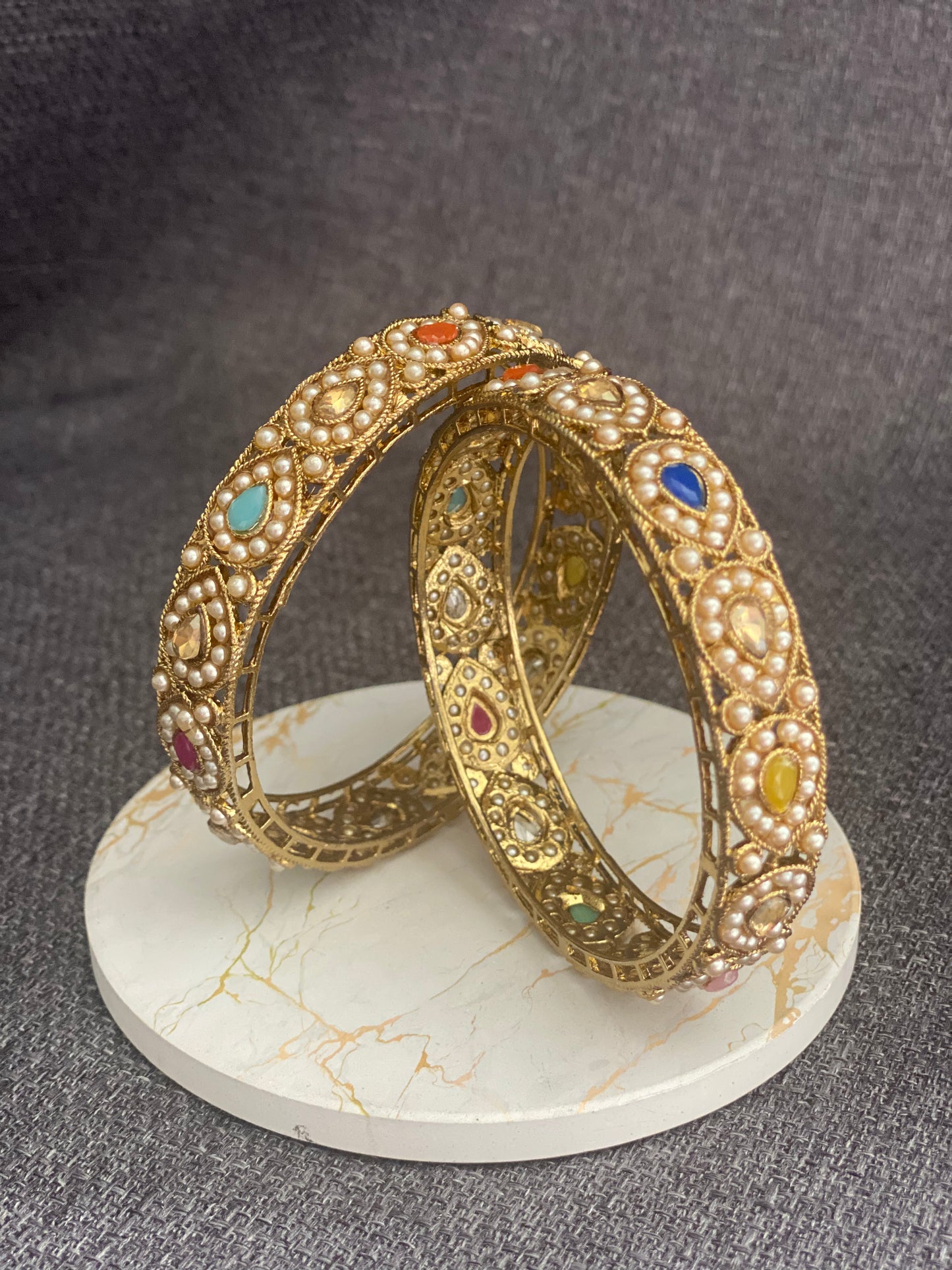 KEERAT - Antique Gold polish Polki Bangles in Multi