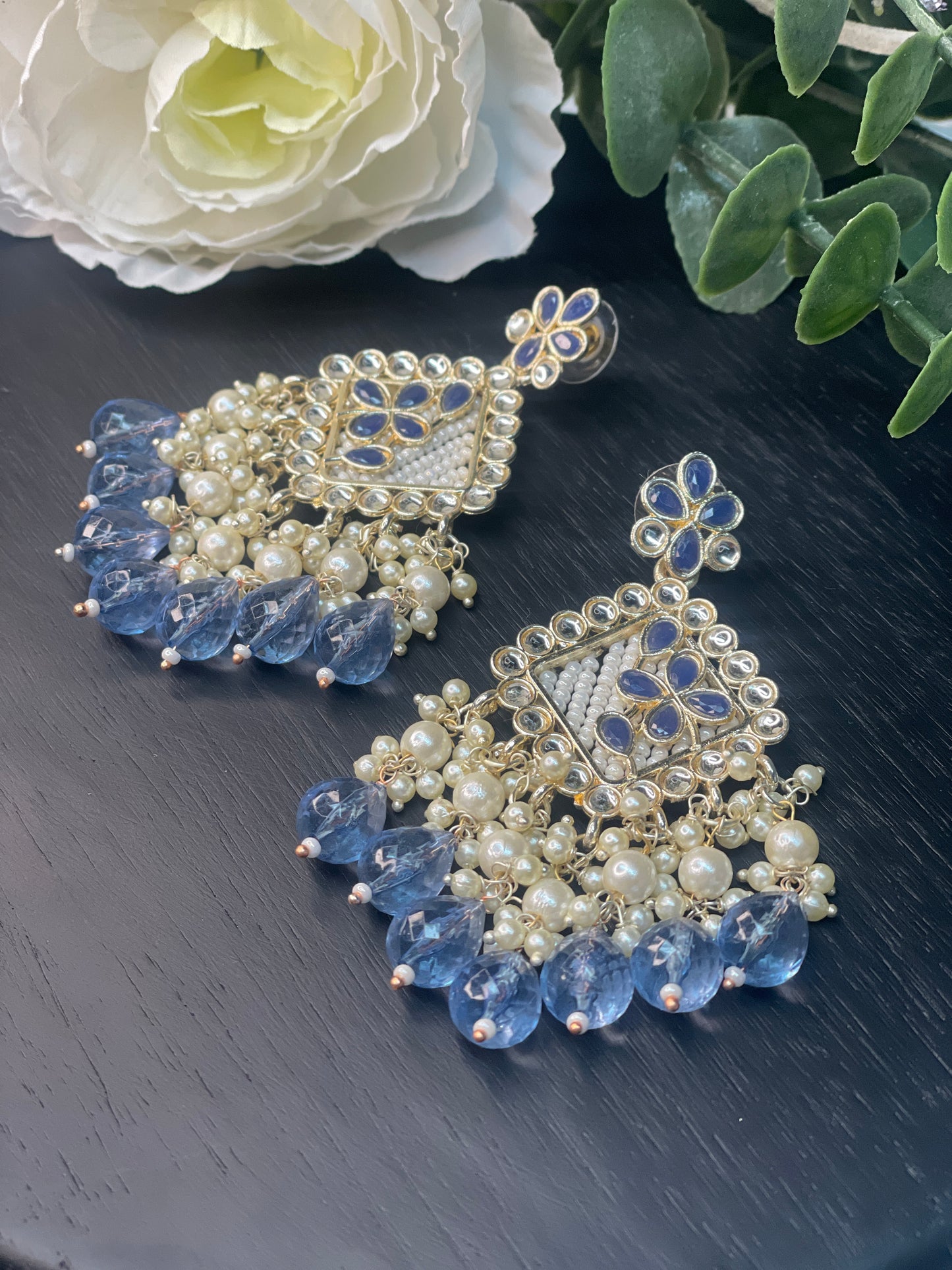 NAVYA Kundan Pearl Earrings - Blue