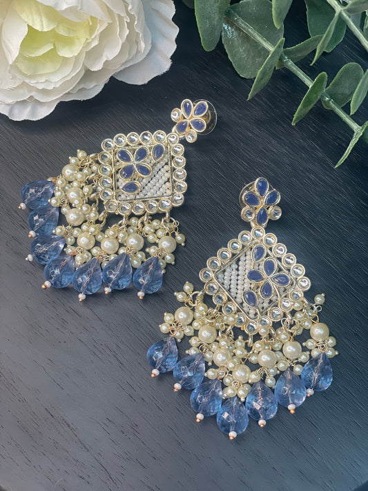NAVYA Kundan Pearl Earrings - Blue