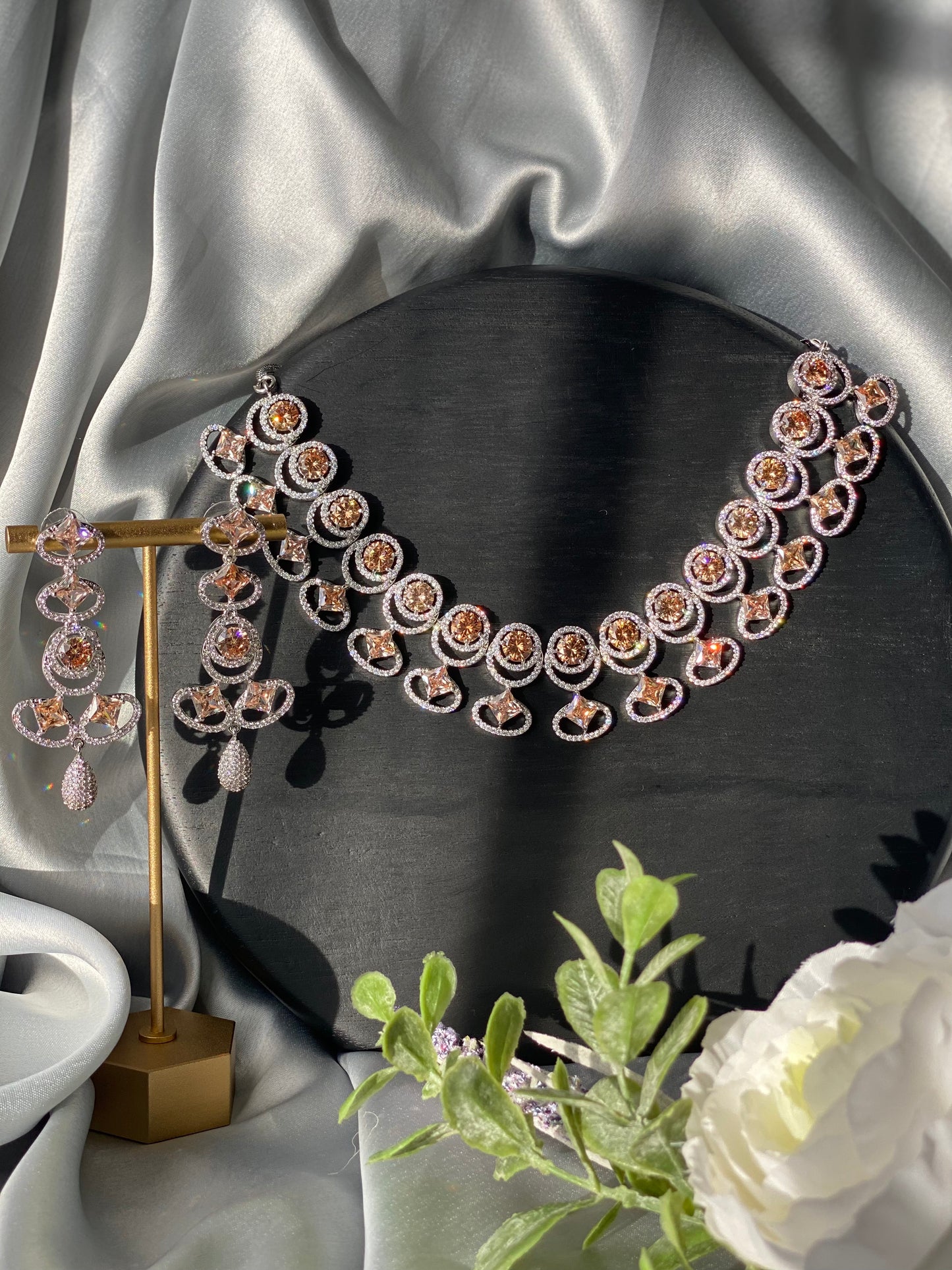 NAZILA American Diamond Luxury Necklace Set - Champagne