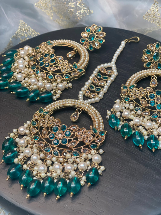 ASHIRA Polki Jhumka Earrings and Tikka Set - Peacock Green