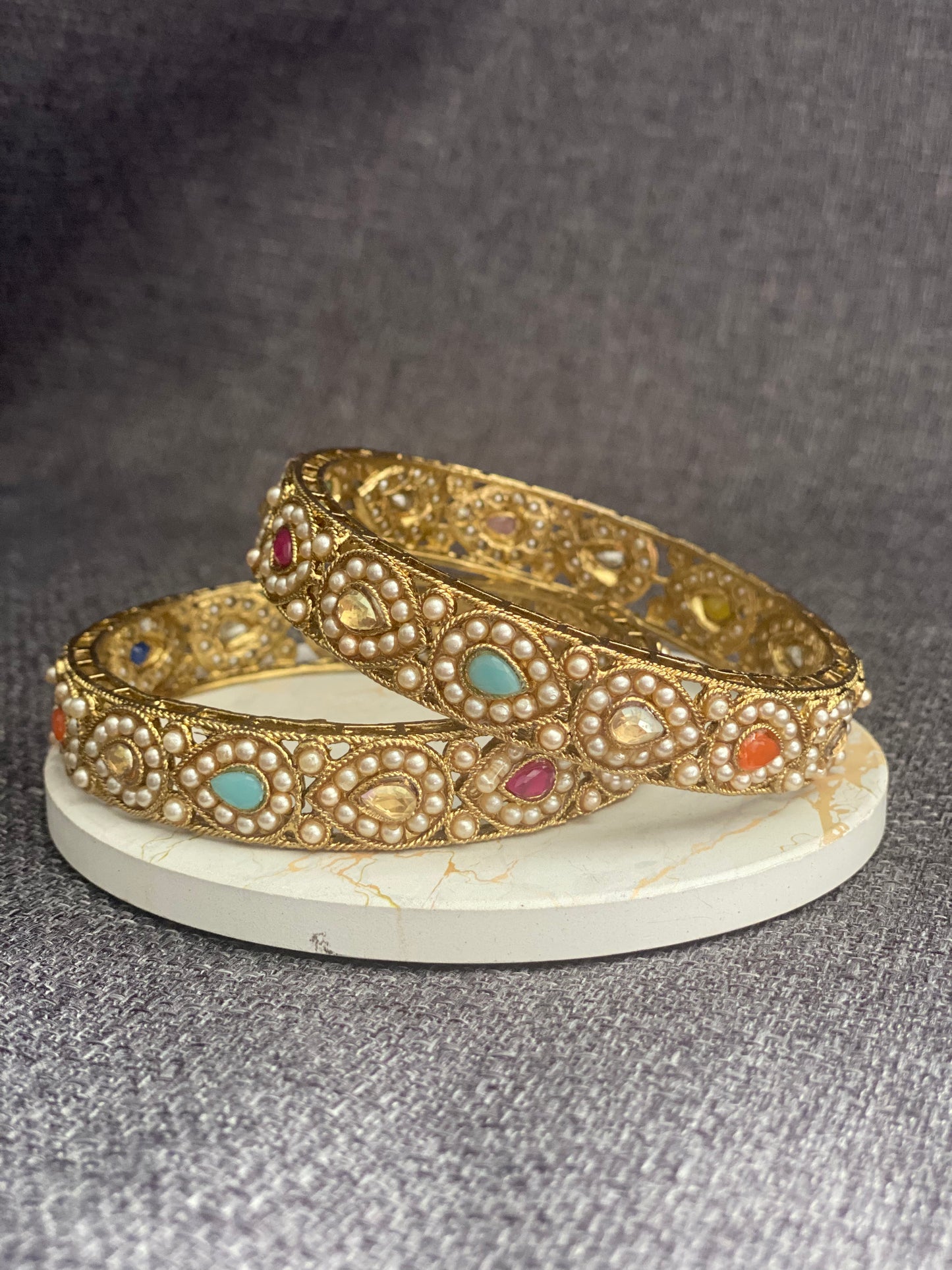 KEERAT - Antique Gold polish Polki Bangles in Multi