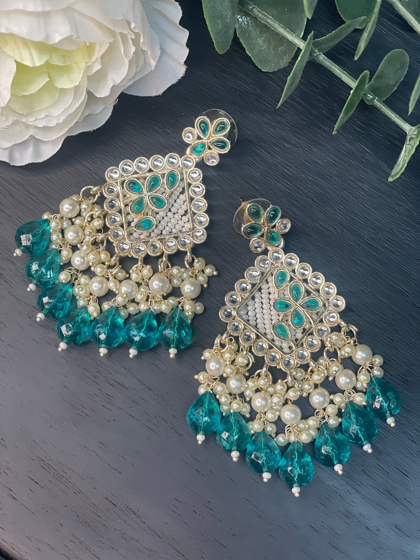 NAVYA Kundan Pearl Earrings - Green