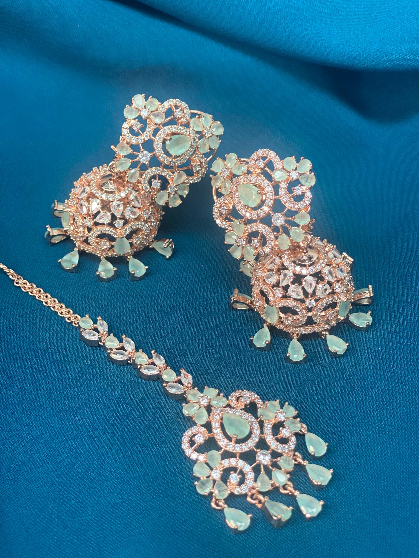 NIHARIKA American Diamond Earrings and Tikka set - Mint