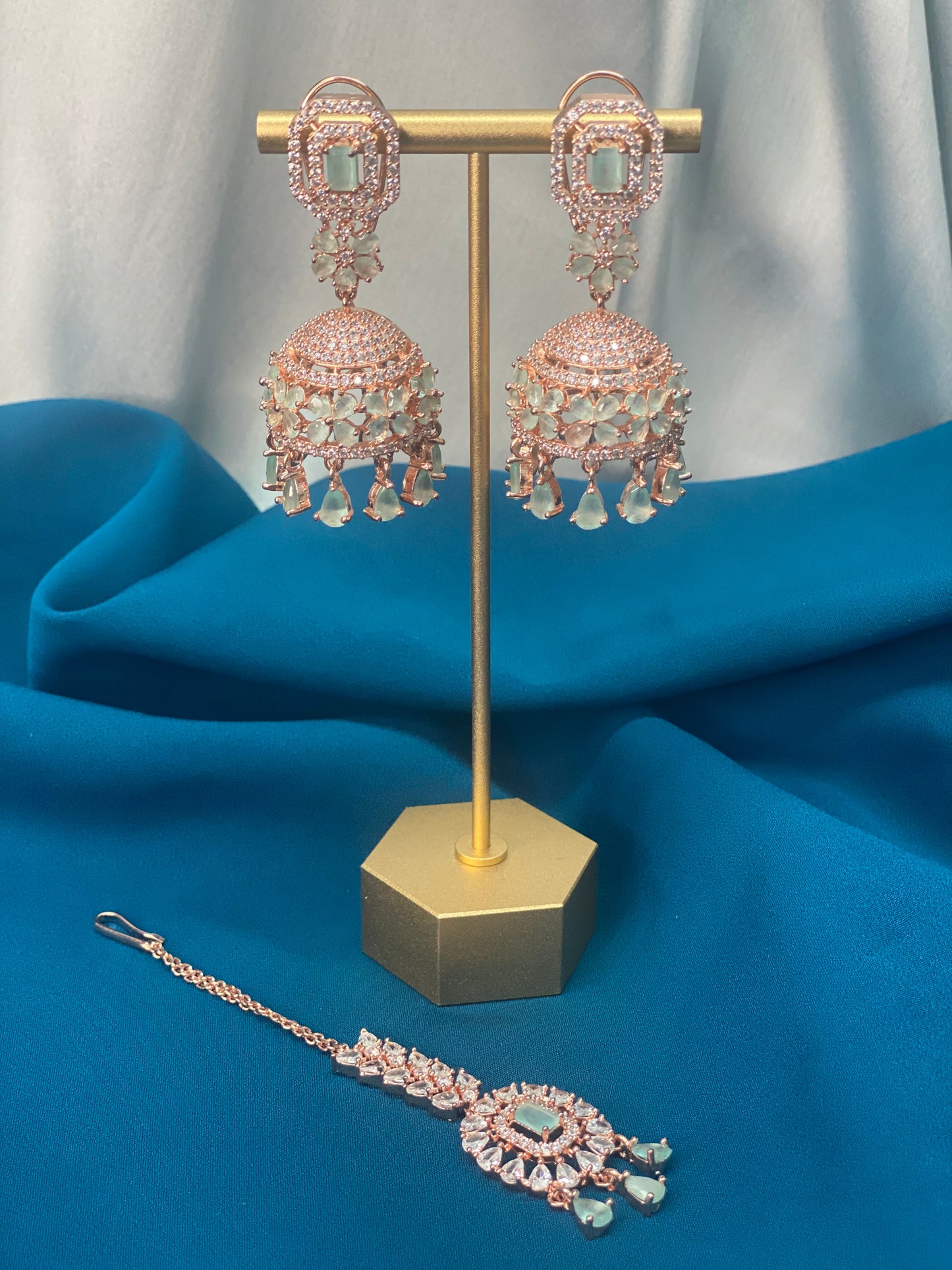 SARIKA American Diamond Earrings and Tikka Set - Mint