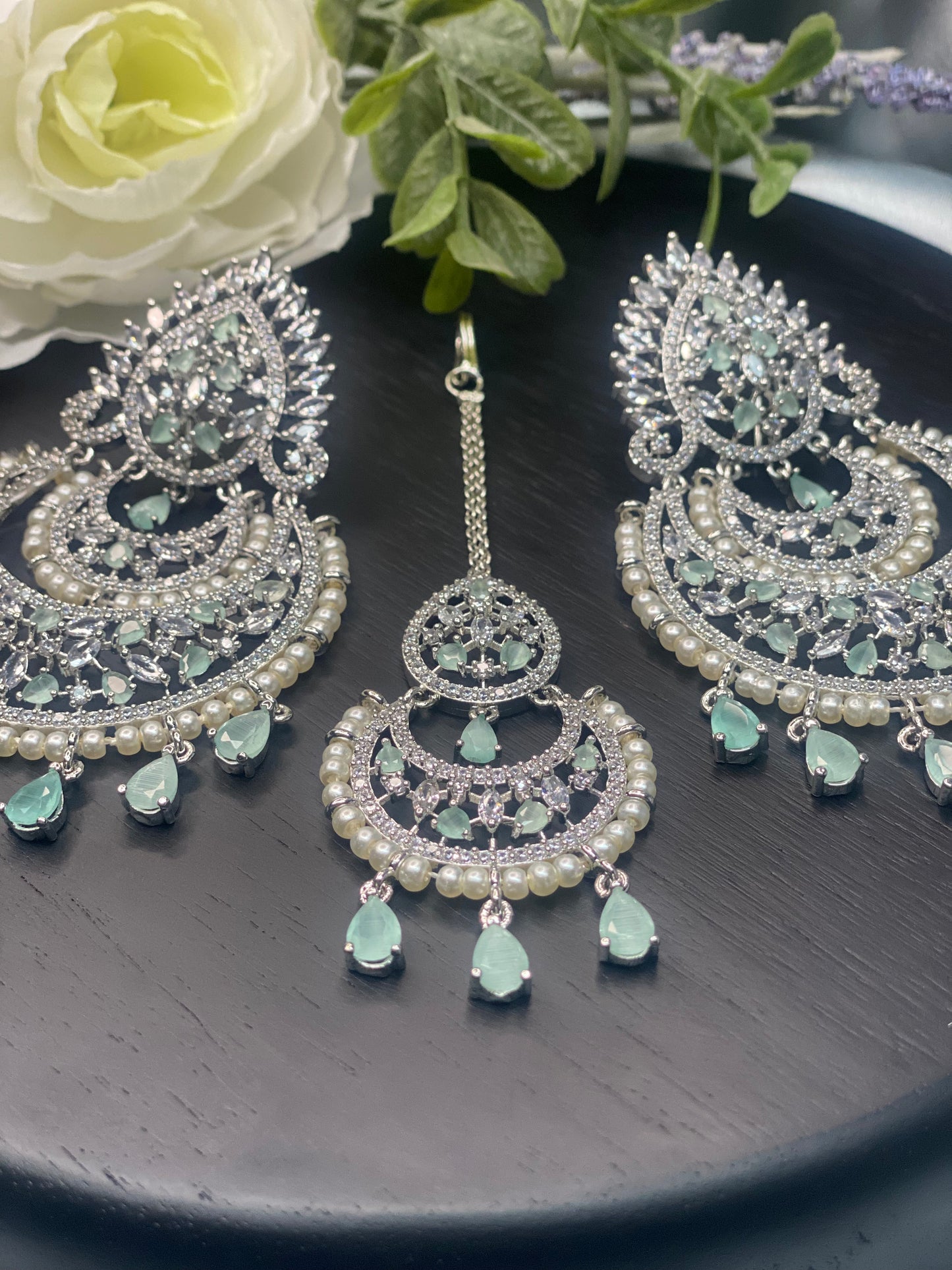 AVANI AD Earrings and Tikka set - Mint