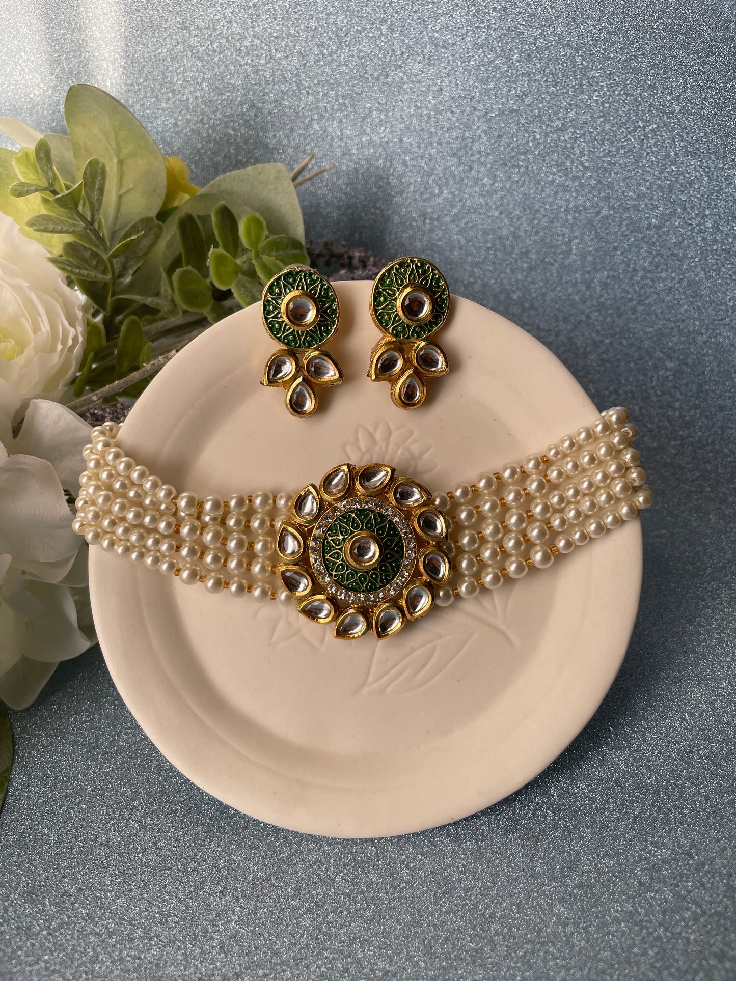 NIRVI Choker Set - Green - HOUSE OF SAANVI