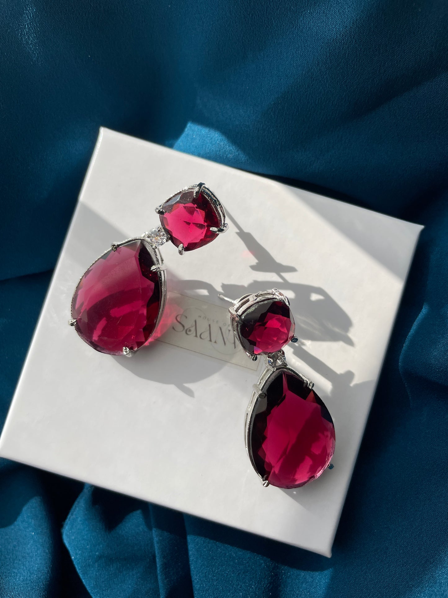 GIA - Crystal drop AD earrings in Wine red - HOUSE OF SAANVI