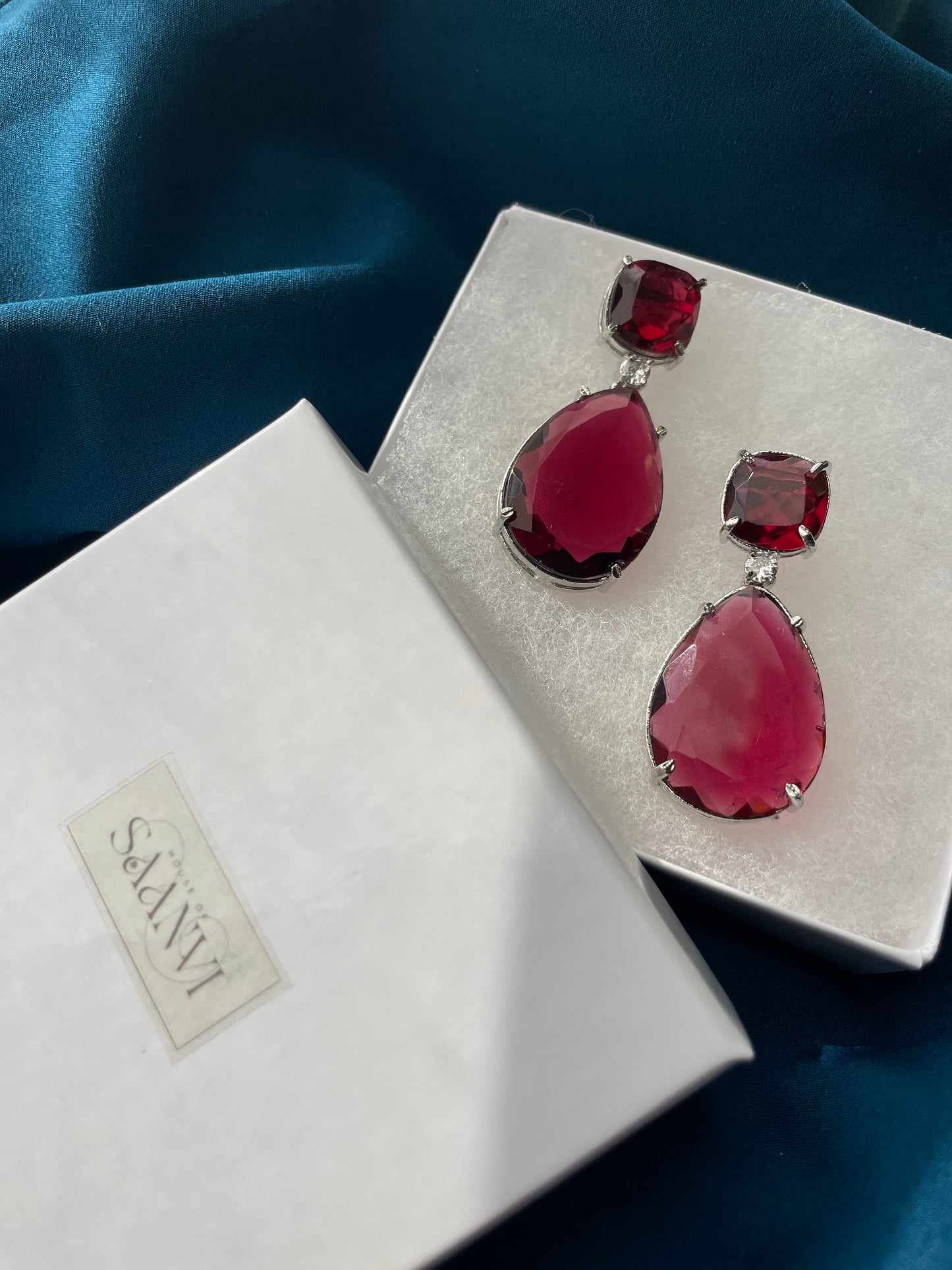 GIA - Crystal drop AD earrings in Wine red - HOUSE OF SAANVI