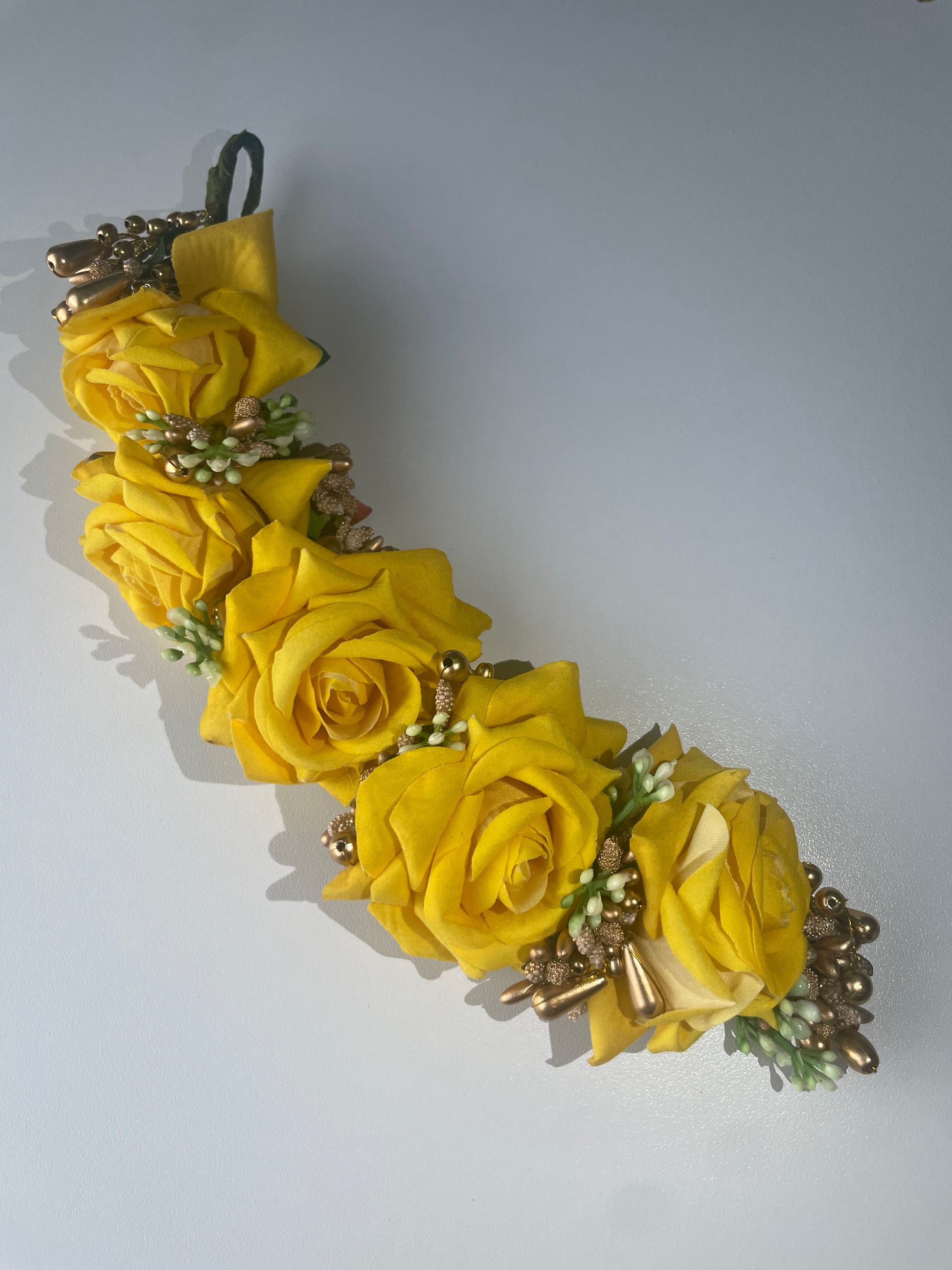 GOLDEN GRACE - artificial flowers hair accessory (veni/tiara) - HOUSE OF SAANVI
