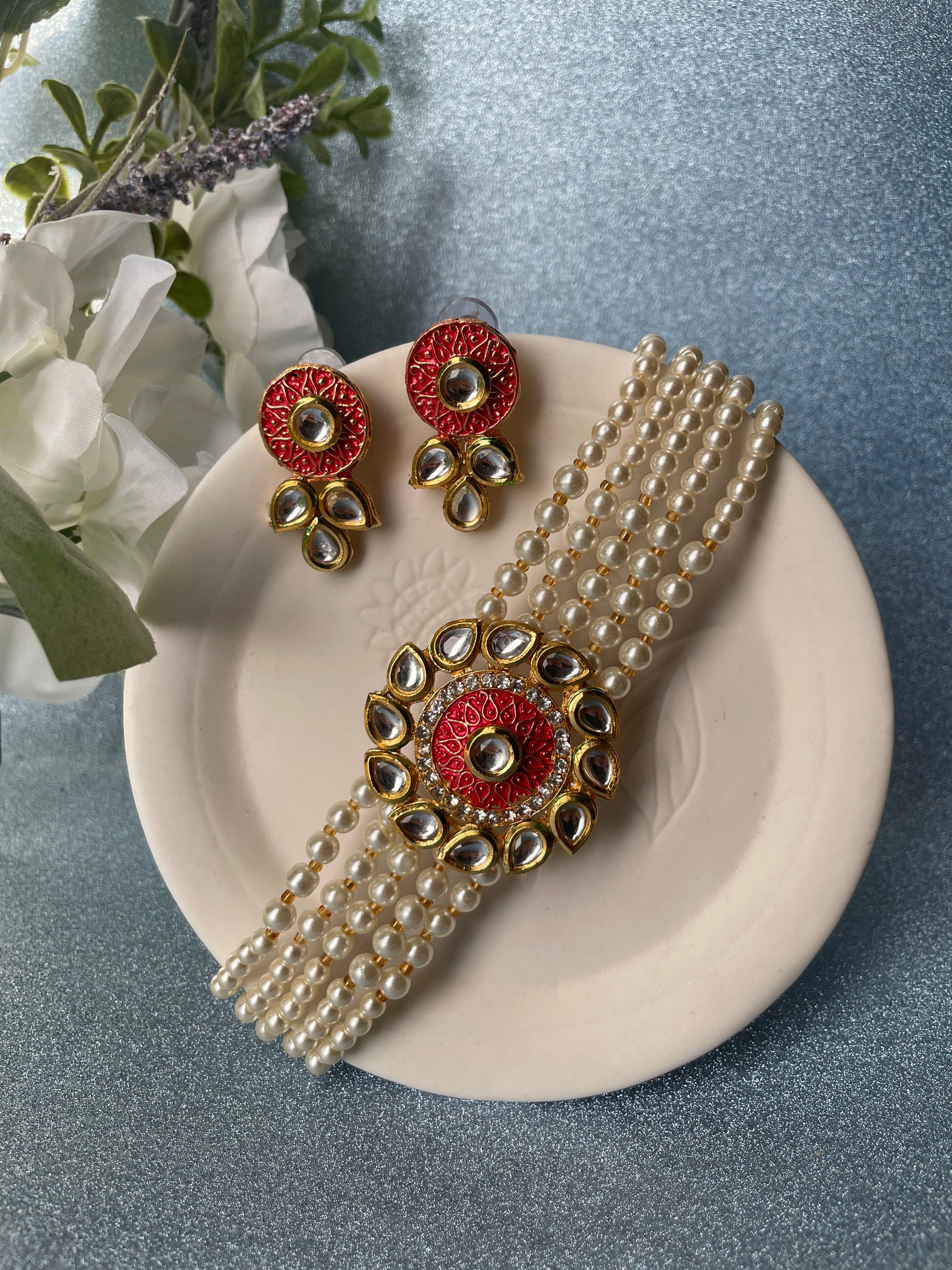 NIRVI Choker Set - Red - HOUSE OF SAANVI