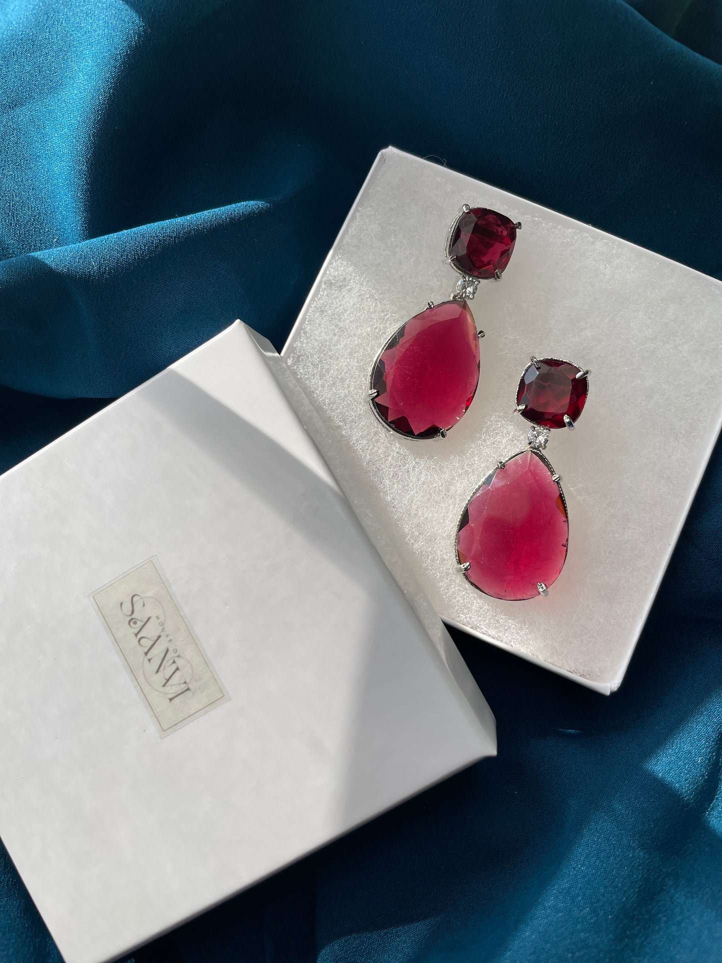 GIA - Crystal drop AD earrings in Wine red - HOUSE OF SAANVI