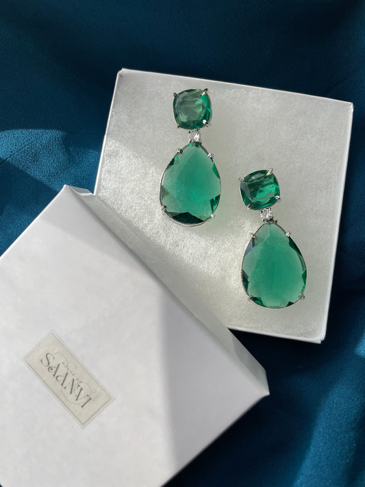 GIA - Crystal drop AD earrings in Emerald green - HOUSE OF SAANVI